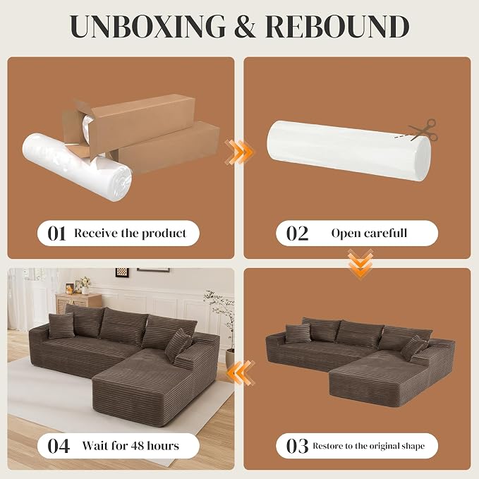 108" L Shaped Cloud Boneless Sectional Couches for Living Room, Modern Comfy Modular Deep Seat Memory Foam Compressed Corduroy Sofa Oversized Right Facing Chaise, No Assembly Required, Brown