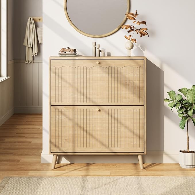 Nicetree Shoe Cabinet Storage for Entryway, 2-Flip Drawer Narrow Shoe Rack with 3-Level Adjustable Shelves, Slim Wood Storage Cabinets for Small Spaces Luminous Natural Oak