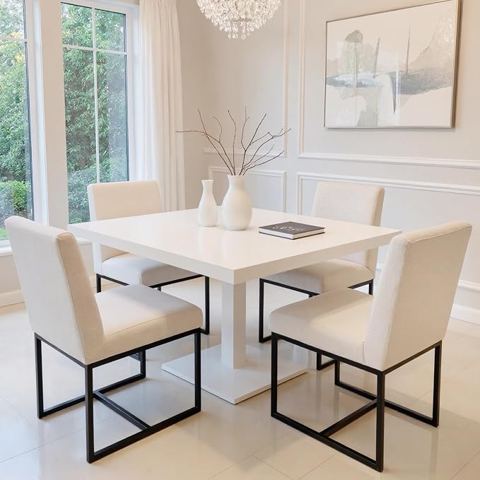 HNY Modern Dining Chairs Set of 2, Upholstered Linen Dining Room Chairs with Ergonomic Back & Metal Frame for Home, Kitchen, Apartment, Cream