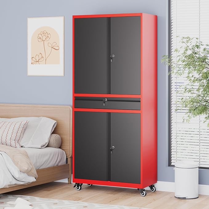 73" Metal Garage Storage Cabinet with Wheels, Rolling Tool Storage with Locking Doors, Adjustable Shelves and Drawer, Heavy Duty Steel Tool Cabinet for Garage, Warehouse, School(Red Black)