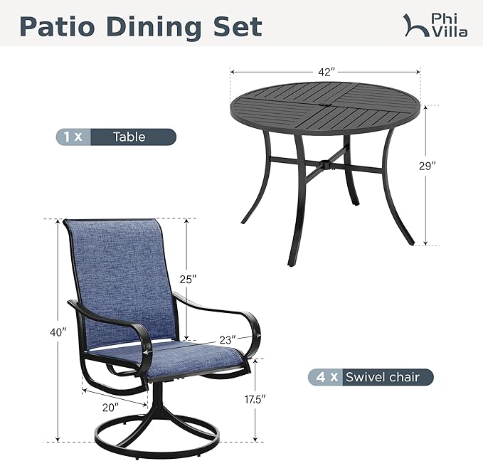 PHI VILLA 5 Piece Patio Dining Set with 4 Outdoor Swivel Dining Chairs & 1 Large Round Dining Table, All Weather Blue Textilene Mesh Fabric Chair and Round Metal Table for Deck Lawn Garden