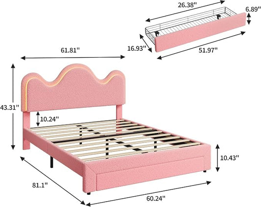 IDEALHOUSE Queen Bed Frame with LED Headboard and Under-Bed Drawer, Metal Upholstered Platform Bed with LED Light for Kids, Girls, Lamb Fleece Fabric, Wooden Slats Support, No Box Spring Needed, Pink