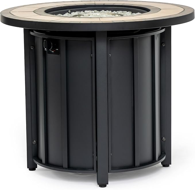 30" Propane Gas Fire Pit Table, 50000 BTU Round Outdoor Fire Pit with Mosaic Ceramic Tabletop, Steel Patio Fire Table with Lid & Rain Cover for Backyard Deck Garden, Black