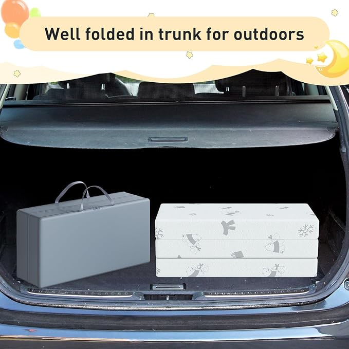 3"x26"x38" Trifold Mattress Topper, Waterproof Breathable Soft Removable Cover, Portable Mattress Pad with Carry Bag for Indoor & Outdoor Use, High Density Medium Firm Foam