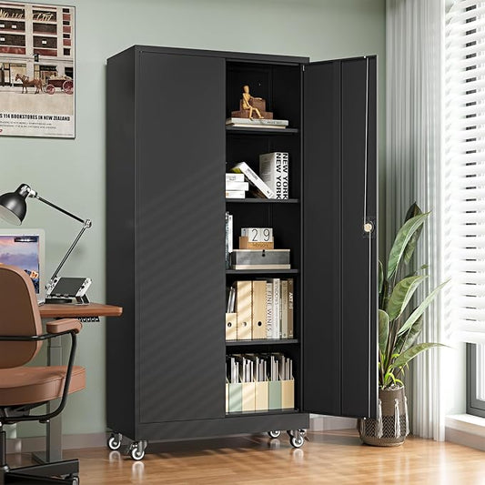 Letaya Metal Garage Storage Cabinets with Wheels,Steel Tool Cabinets Lock Door and Adjustable Shelves for Home,Office,Warehouse Organisieren (Black, 75" H)