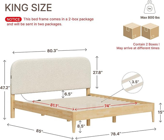 KISLOT Wood Bed Frame with USB & Type-C Charging, Boucle Platform Bed with Upholstered Headboard Mattress Foundation No Box Spring Needed Easy Assembly