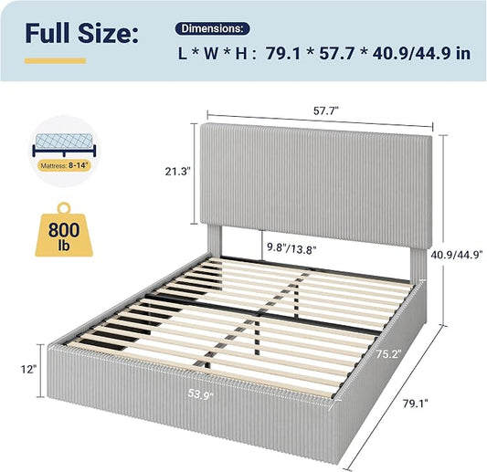 Allewie Full Bed Frame, Upholstered Platform Bed, Adjustable Vertical Channel Tufted Headboard, Corduroy Fabric, Modern Low Profile, Wooden Slats, No Box Spring Needed, Easy Assembly, Light Grey