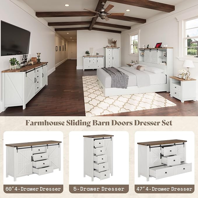 AMERLIFE 4-Piece Farmhouse Bedroom Set in Distressed White, Full Size Bed Frame with Bookcase Headboard, 5-Drawer Tall Dresser, 47'' Dresser with 4 Drawers, 60" Dresser with 4 Drawers