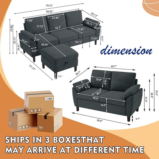 80" Convertible Sectional Sofa Set, Modern Linen Small L Shaped Couch with Reversible Chaise and Loveseat Sofa, 3-Seat Sofa Couches for Living Room, Office, Apartment, Dark Grey