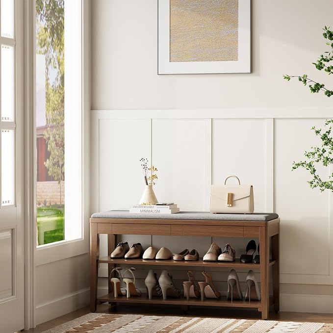 Shoe Bench with Storage, Wooden Shoe Storage Bench with Cushion&Hidden Drawer, 2-Tier Shoe Rack Bench for Entryway, Mudroom, Hallway