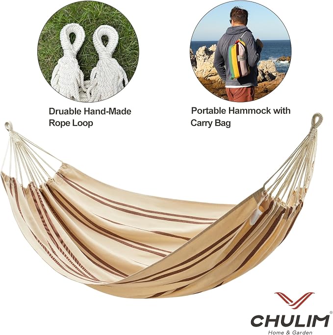 CHULIM Brazilian Double Hammock with Tree Straps,Extra Large 94x63IN,2 Persons Hammock for Backyard Patio Outdoor and Indoor,450lbs Weight Capacity,Soft Woven Cotton Fabric - Beige Brown Stripe
