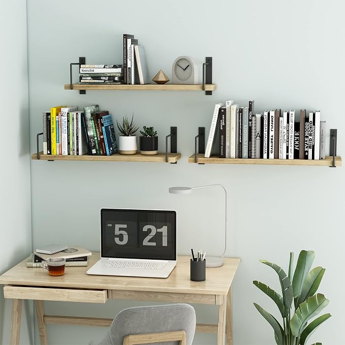 Floating Shelves, 24 Inches, Easy to Install, Wall Mounted, Set of 3, Rustic Wood for Décor, Storage for Living Room, Bathroom, Bedroom
