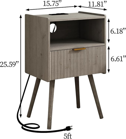 JOONEE Nightstand with Outlet,Modern Bedside Table with Storage Drawer and Open Wood Shelf, for Living Room, Bedroom and Small Spaces, Accent Night Stand with Solid Wood Legs, Easy Assembly,Grey Oak
