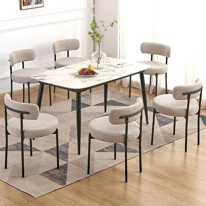 EDWELL Grey Dining Chairs Set of 6, Mid Century Modern Dining Room Chairs with 3.94” Cushions, Round Upholstered Boucle Chairs with Black Metal Legs for Kitchen, Living Room