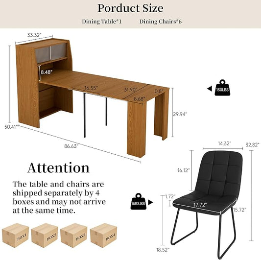 HIPIHOM Dining Table Set for 6, Extendable 86.6" with Storage | Space-saving MDF Kitchen Table with 6 Upholstered U-shaped Black Chairs, Ideal for Apartment, Living Room