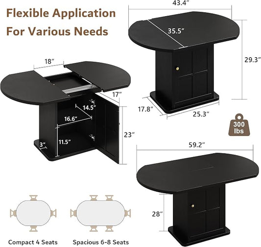 iPormis Round Dining Table for 4-6, 59'' Extendable Dining Room Kitchen Table with 2-Tier Storage Shelf, Wood Dinner Table with Door, Sturdy Pedestal Base, Space Saving, Kitchen, Dining, Black