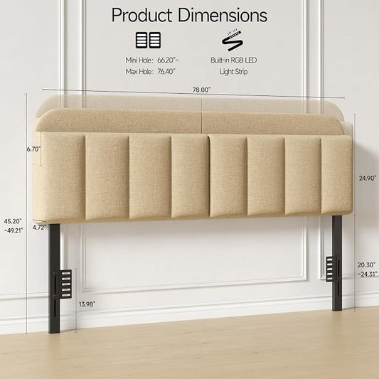 King Size Adjustable Headboard, Upholstered Headboard with Storage, APP Controlled LED Light, Padded Head Board Only, Sturdy Metal Foot Frame, Vertical Channel Design for Bedroom, Beige