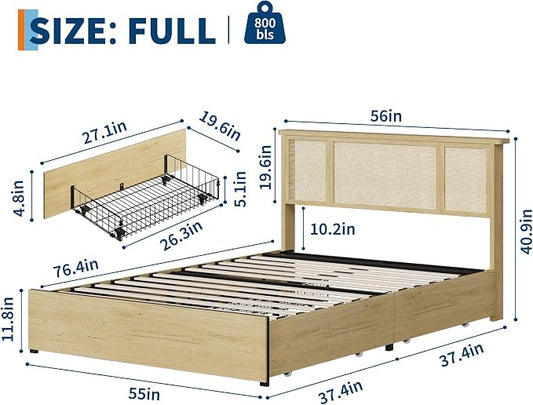 IDEALHOUSE Full Bed Frame with Natural Rattan Headboard, Slats, Bohemian-Style Cane Mattress Support, Strong Metal Base with Resilient Wooden, No Box Spring Needed