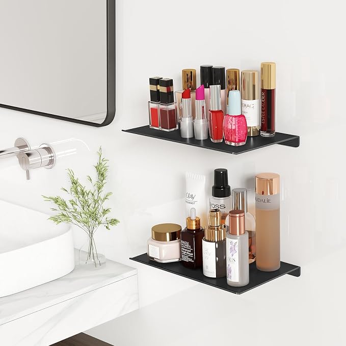MKO 8" Small Floating Shelves for Wall, Metal Wall Mounted Shelf for Bathroom, Bedroom, Living Room, Kitchen, Little Mini Tiny Display Hanging Shelves for Books/Storage/Room Decor 2 Packs, Black