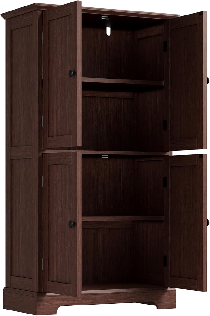 ChooChoo Bathroom Floor Cabinet, Farmhouse Bathroom Storage Cabinet with 4 Doors and Adjustable Shelves, Pantry Cabinet for Living Room, Kitchen, Walnut