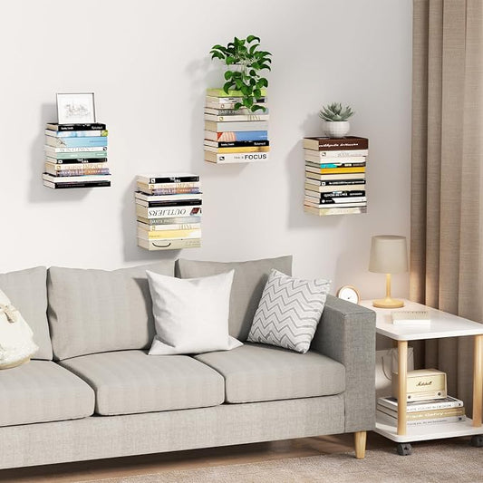 Mefirt Invisible Floating Bookshelves for Wall, 8 Tier Vertical Spine Book Tower, Heavy Duty Floating Book Shelves Metal Book Organizers for Home Office, 4 Pack(Black)