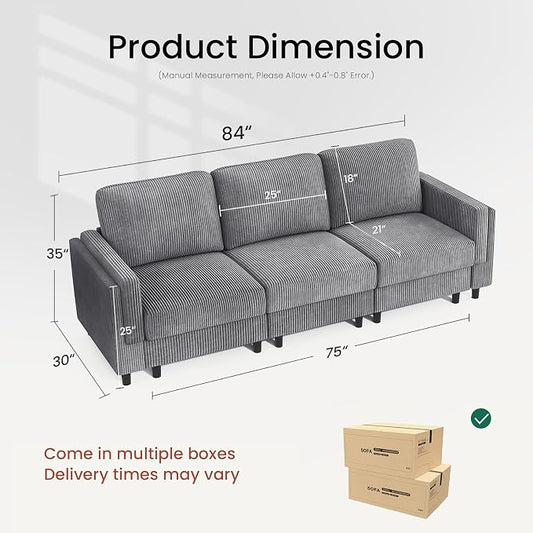 KKL 3 Seat 83‘’ Sofa Couch for Living Room - Modular Sectional Small Couch with Storage Ottoman, Convertible L Shaped for Living Room, Modern Reversible Design (Grey, 3 Seat Sofa)