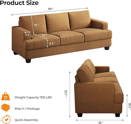 COPIAE 89 Inch Sofa with Extra Deep Seats Oversize, 3 Seater Sofa for Living Room, Modern Couch and Sofa, Comfy Armrests and Seats and Backrests, Easy Installation, Corduroy Fabric Ginger Yellow
