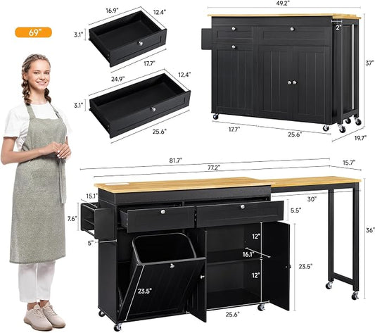 ONBRILL Kitchen Islands with Extendable Dining Table, 81.7" Mobile Kitchen Storage Islands, Rolling Kitchen Cart with Trash Cabinet, Power Outlet, Spice Rack & Towel Rack, Black