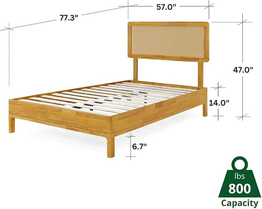 Bme Nipe 14 Inch Bohemian Bed Frame with Adjustable Woven Headboard - Rustic & Vintage Unique Style with Acacia Wood - No Box Spring Needed - Easy Assembly - Full, Natural