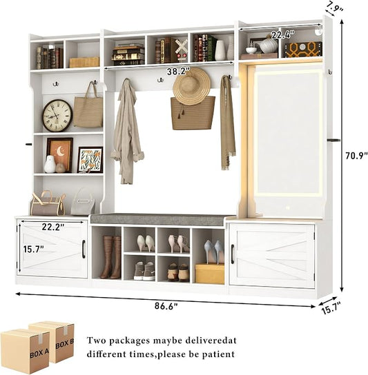 86.6''W Extra Large Farmhouse Hall Tree with Mirror Bench and Shoe Storage,Entryway Bench with Coat Rack,6 Shoe Cubbies & Umbrella Holder and Storage Cushioned Stool,Mudroom/Hallway Storages Cabinet