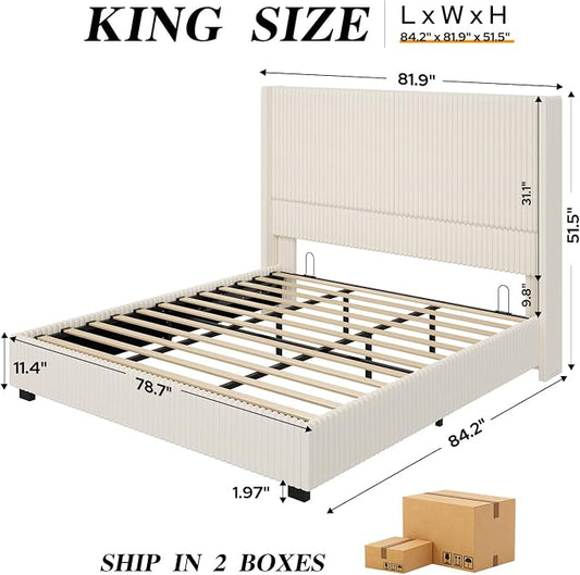 UNIQUITE King Size Lift Up Storage Bed Frame with 51 Inch Tall Wingback Headboard, Corduroy Upholstered Platform Bed with Hydraulic Storage, 2 USB Ports, No Box Spring Needed, Noise-Free, Beige