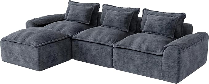 Hobestluk 120" Cloud Modular Sectional Couch 3-Seater Sofa with Ottoman L Shaped Sofa with Removable Cover Large Sofa Couch for Living Room (Blue Grey, 3-Seater Sofa with One Ottoman)