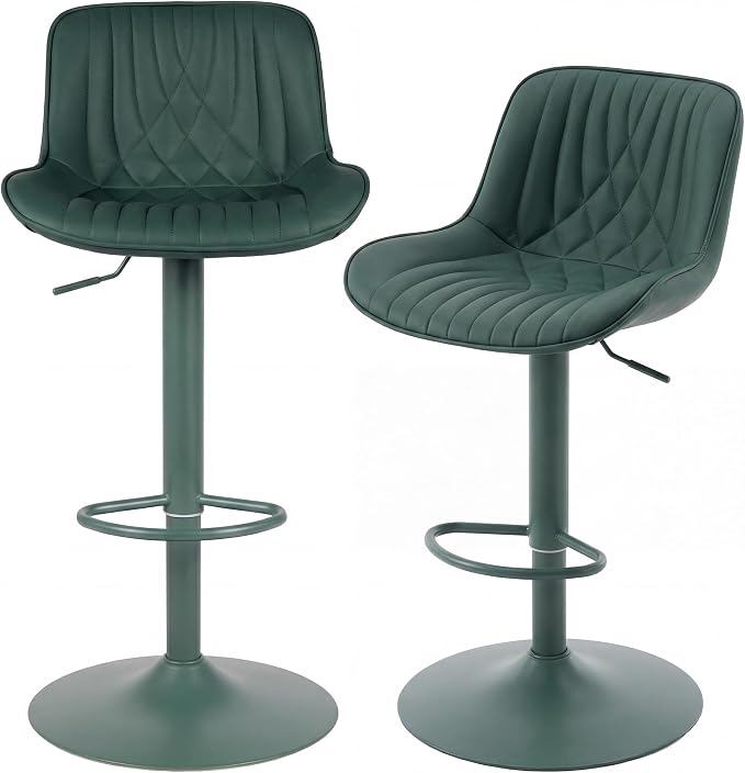 YOUTASTE Faux Leather Bar Stools Set of 2, All Dark Green Upholstered Counter Height Barstools with Back, Adjustable Swivel Stool Chair with Dark Green Metal Base for Home Kitchen Island