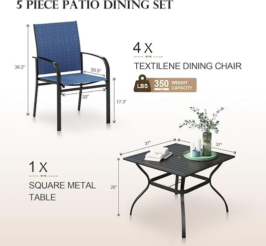 5pc Patio Dining Set for 4, Outdoor 37” Square Metal Table & 4 Blue Chairs | Textilene chairs + square steel table with umbrella hole. Waterproof, stain-resistant & wipe-clean. Ideal for backyard, porch