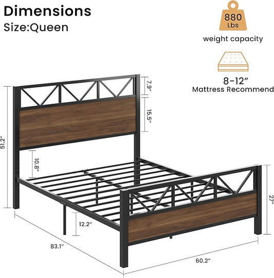 LIKIMIO Queen Bed Frame, Tall Industrial Headboard 51.2 ", Platform Bed Frame with Strong Metal Support, Solid and Stable, Noise Free, No Box Spring Needed, Easy Assembly, Walnut