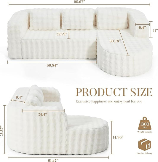 Hobestluk Modular Sectional Sofa Couches L-Shape Couch 3 Seat Modular Sofa Memory Foam Sectional Couches for Living Room, Cloud Couch (Round Eider White, 96", Right Hand Facing)