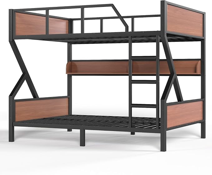 KEIKI Full Over Full Bunk Bed, Heavy Duty Metal Bunkbed with Storage Shelves, Lights, Bottom Space & Guardrail for Aldults Dorm Bedroom Guest Room, No Box Spring Needed, Noise-Free Design