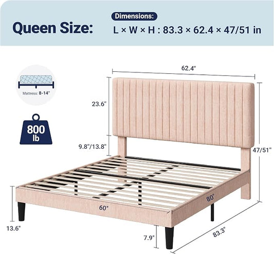 Allewie Queen Bed Frame, Upholstered Platform Bed with Adjustable Vertical Channel Tufted Headboard, Mattress Foundation with Strong Wooden Slats, Box Spring Optional, Easy Assembly, Chenille Pink
