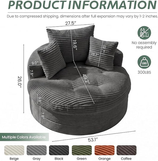 Oversized Round Chaise Lounge Chair, Deep Seat Cloud Boneless Floor Sofa Couch, Upholstered Corduroy Sleeper with 3 Pillows & Optional Ottoman, No Assembly Modern Lazy Floor Lounger for Living Room