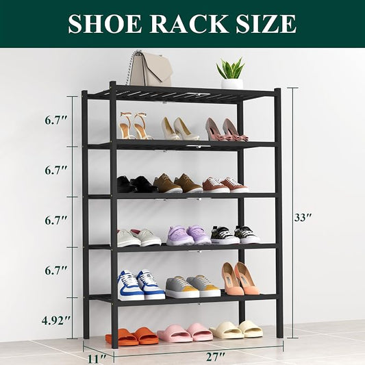 Smiry Bamboo Shoe Rack, 5 Tier Free Standing Wooden Shoe Organizer, Stackable Wood Shoe Storage Shelf for Closet, Entryway, 14 Vertical Slats, 2+2+1 Stack Heavy-Duty Legs, 26.8"x11"x32.5", Black