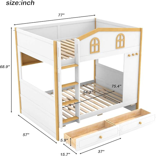 Merax Full Over Full Size House Bunk Bed with Storage Shelves & 2 Drawers, Solid Wood Space-Saving Loft Bed Frame with Safety Guardrails for Bedroom, White+Natural