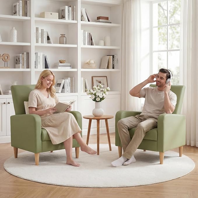 COLAMY Mid-Century Modern Upholstered Accent Chair with Back Pillow & Solid Wood Legs, Leather Cozy Armchair for Living Room, Bedroom, Reading Nook, Apartment & Small Spaces, Green