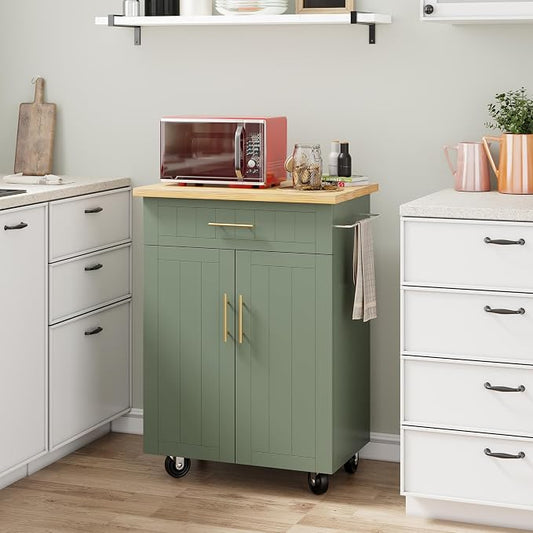 Shintenchi Kitchen Island cart with Storage, Portable Bar Cabinet on Wheels, Rolling Microwave Cart Side Table with Workstation for Kitchen, Dinning Room, Green
