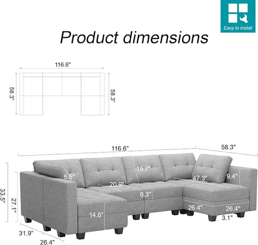 Belffin Modular U Shaped Sectional Sofa Couch with Reversible Chaises 6-seat Sectional Couch with Storage Seat Modular Sectional Set with Ottomans Light Grey