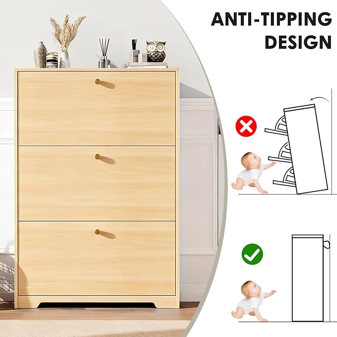 Nicetree Shoe Cabinet with 3 Flip Drawers,Freestanding Shoe Storage Cabinet, Narrow Shoe Organizer Cabinet, Farmhouse Slim Shoe Rack Cabinet for Entryway,Natural Oak with Hook