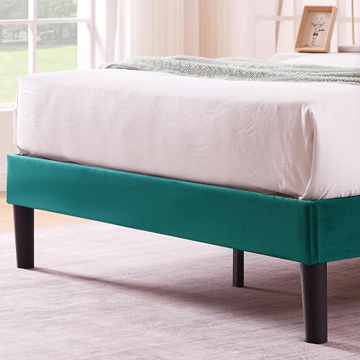 VECELO Queen Bed Frame Upholstered Platform with Fabric Headboard,Wooden Slats Support/No Box Spring Needed/Mattress Foundation,Dark Green