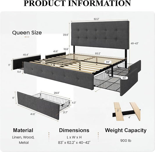 SHA CERLIN Upholstered Queen Size Platform Bed Frame with 4 Storage Drawers, Adjustable Headboard with Square Stitched Button Tufted Design, Wooden Slat Support, No Box Spring Needed, Dark Grey