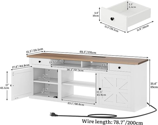 YITAHOME 70" Farmhouse TV Stand for 75/80 Inch TVs, Entertainment Center with Drawers, Adjustable Shelves & Built-in Power Outlet, Stable Anti-Tip TV Console Cabinet for Living Room, White+Walnut Top