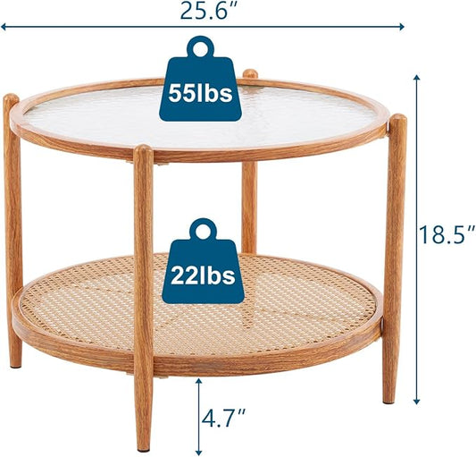 VINGLI 25.6" Rattan Coffee Table, Round Water-Wave Glass Metal Center Table, Modern Coffee Table with 2-Tier Storage, Farmhouse Circular Coffee Tables for Living Room and Small Space, Natural Vibe
