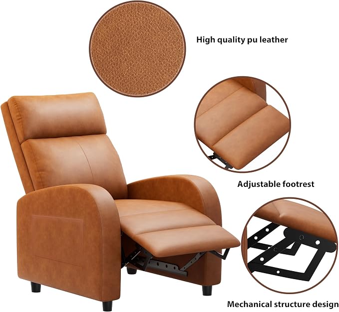JUMMICO Recliner Chair Adjustable Home Theater Single Recliner Sofa Furniture with Thick Seat Cushion and Backrest Modern Living Room Recliners (Leather, Brown)